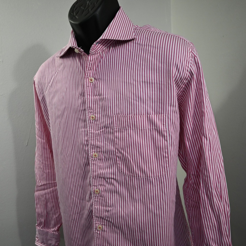 Peter Millar Button Up Mens Large Pink White Striped Long Sleeve Pocket Shirt